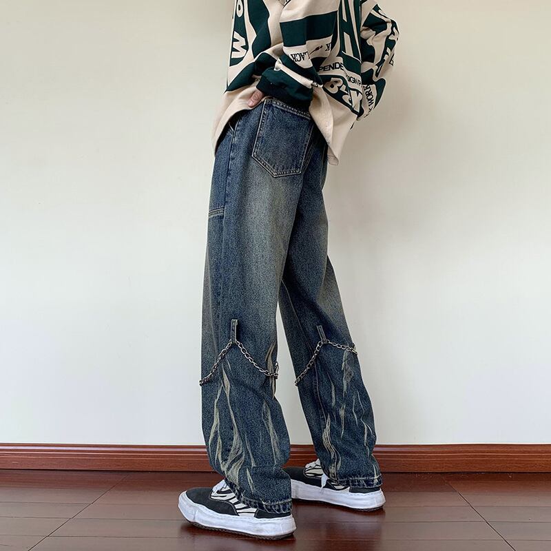 [Tiaota Series]★Denim Pants★ 3color Bottoms Casual Pants with Chain Unisex Men's Large Size