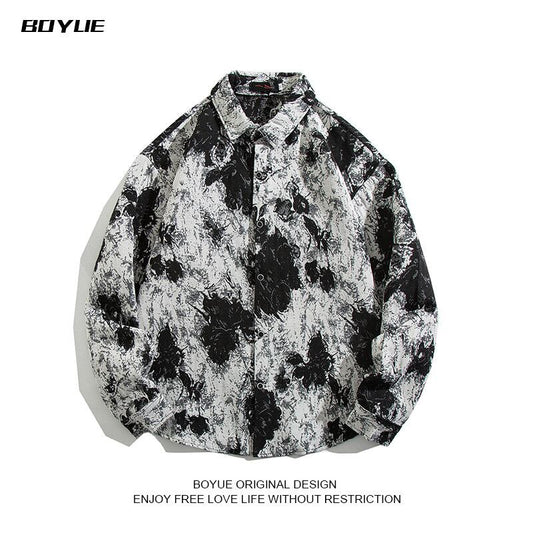 [BOYUE Leeds] ★Retro Shirt★ 2 Color Long Sleeve Shirt Tops Unisex Men's Floral Print Shirt Blue Black