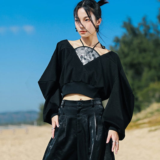 [Big Blue Dragon Series] ★China style tops★ Fake layered, design, slimming, enhances femininity, black, black