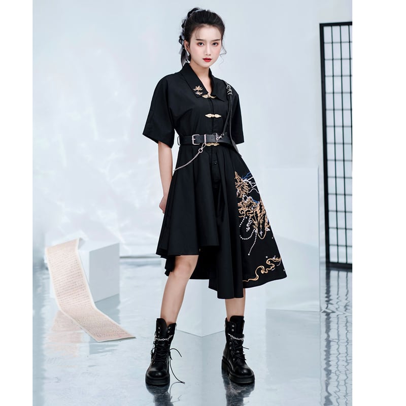 [Kyoto series]★China style dress★ Embroidery irregular unique design cool black black