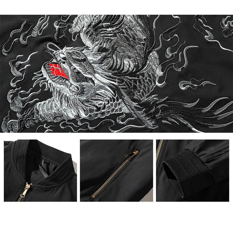 Stadium jacket with dragon crest embroidery Chinese style outerwear Dragon Sukajan jacket Chinese style clothing Black White