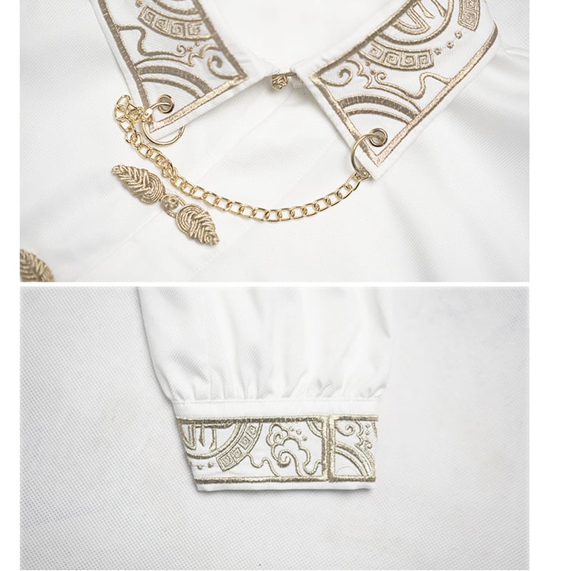 [Kyoto Series] ★China Style Shirt★ Tops Embroidered with Chain Men's White Men's Long Sleeve