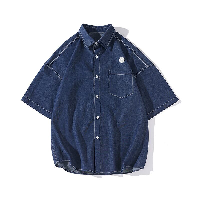 [BIGEMAN Series]★Denim Shirt★ 2color Tops Short Sleeve Shirt Unisex Men's Large Size Black Blue