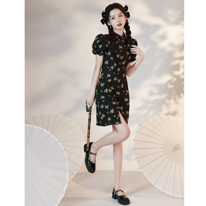 [YUEQIAO Series]★China Dress★ Improved Short Length Chinese Style Dress Chinese Clothes Cute Black Black