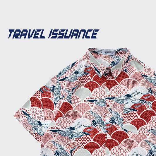 [TRAVEL ISSUANCE Series]★Shirt★ Hawaii Aloha Shirt Crane Unisex Men's Red Short Sleeve Shirt