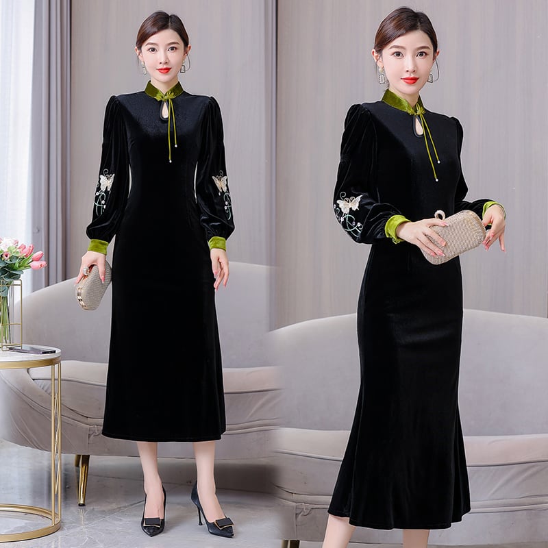 [Agoya Yui Series] ★Cheongsam dress★ Chinese style piece velvet black black long length