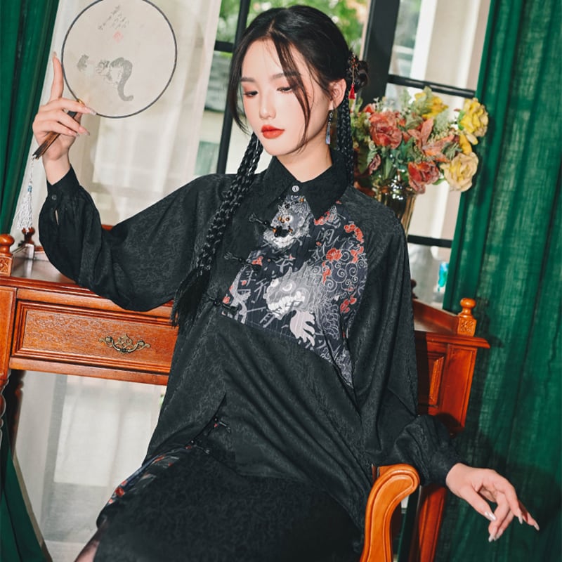 [Ancient monster house ---biting pattern series] ★China style shirt★ Switching print switching Black Black Harajuku style