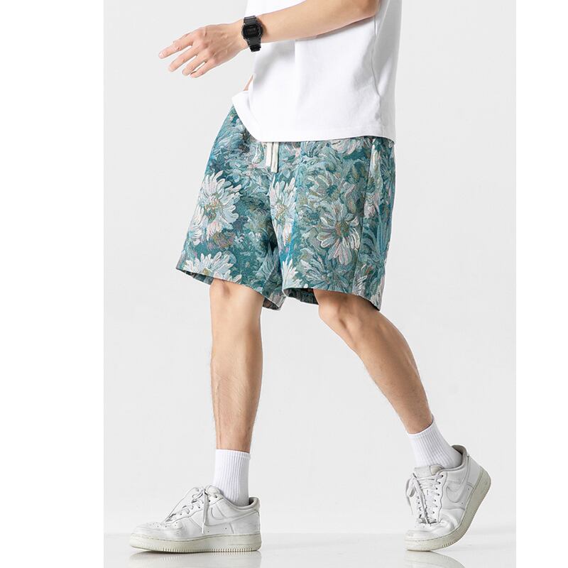 [Satoru Series] ★Shorts★ 3color Floral Pattern Bottoms Short Length Pants Unisex Men's Blue Black Green