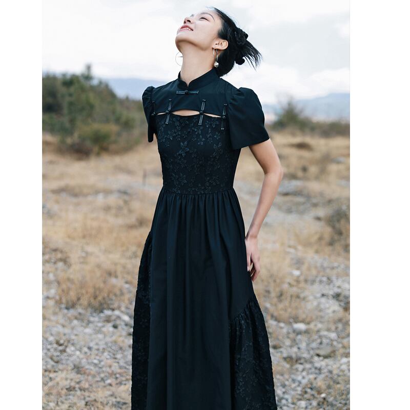 [Daiseiryusu Series] ★Chinese style dress★ Summer Chinese clothing Maxi length Long length Chinese button Black Black