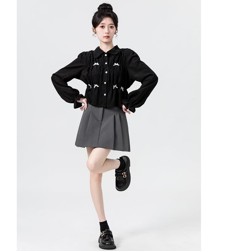 [WEIWU Series]★Shirt★ Tops Ladies Short Length Corduroy Black Cute Stylish