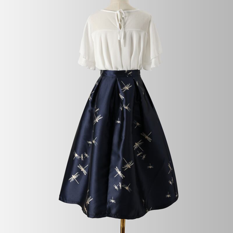 [MOERBEN Series]★Skirt★ Bottoms High Waist Dragonfly Print Large Size Navy Blue