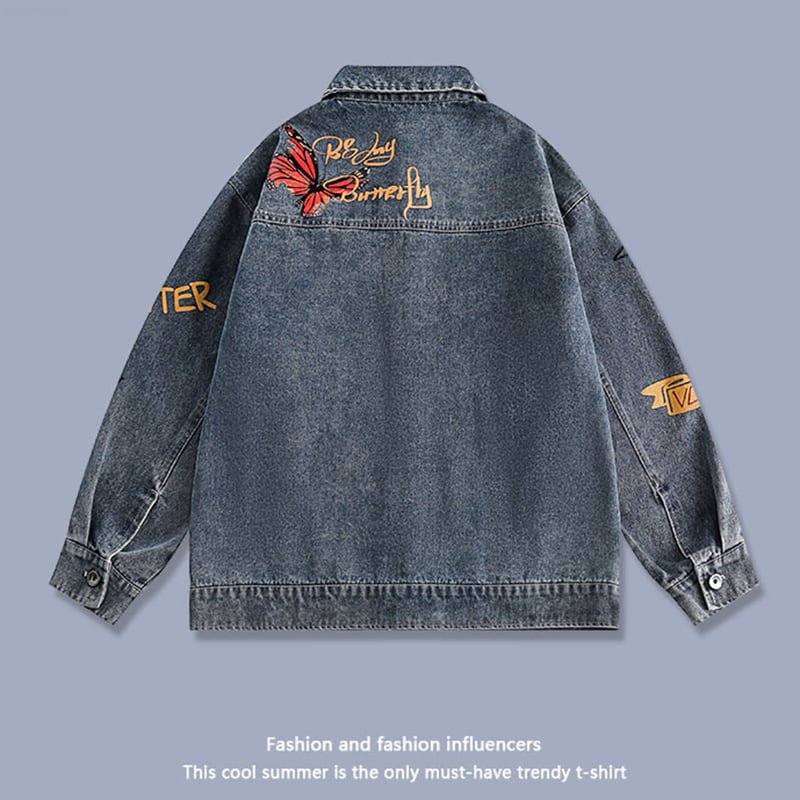 [Satoru Series]★Jacket★ Denim jacket outerwear unisex men's floral pattern butterfly alphabet fashion