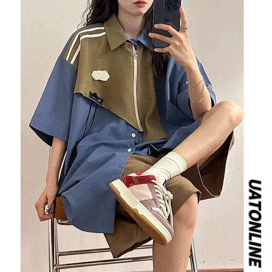 [UATONLINE Series]★Shirt★ 3color Tops Fake Layered Unisex Men's Blue Beige