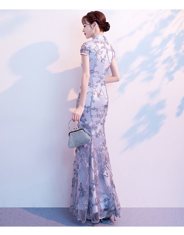 [Bride series] ★Cheongsam dress★ Dress Embroidered Mermaid line Beautiful SML Slimming Silver Gray