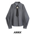 Load image into Gallery viewer, [ANNXstudio series]★Shirt with tie★ Shirt Long sleeve shirt Tops Casual Loose Gray Gray
