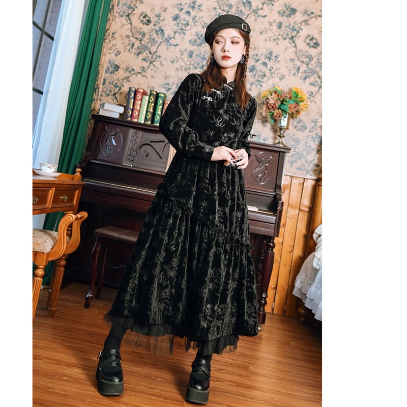 [Kokaisha --- Chichiku Series] ★China style dress★ Velvet thick black black long length