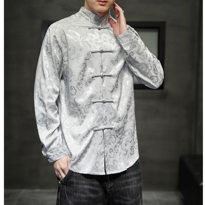 [BITIWO Series]★China style shirt★ Men's 6color tops Dragon crest large size black white blue silver yellow red thin