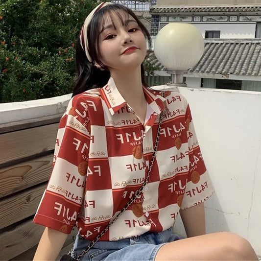 [YOUZI Series]★Retro Shirt★ Short Sleeve Shirt Tops Print Retro SML XL Thin Red Red Cute