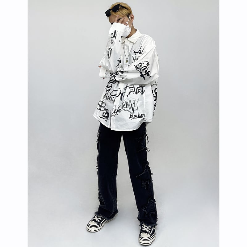 [ZHUJI Series]★Shirt★ 2color Tops Graffiti Unisex Men's Loose Stylish White Black