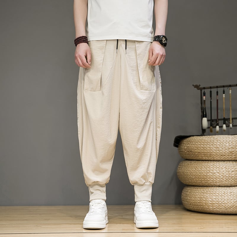 [Small Trouble Series]★China Style Pants★ 4color Unisex Men's Large Size Casual Pants Black Gray Beige Green