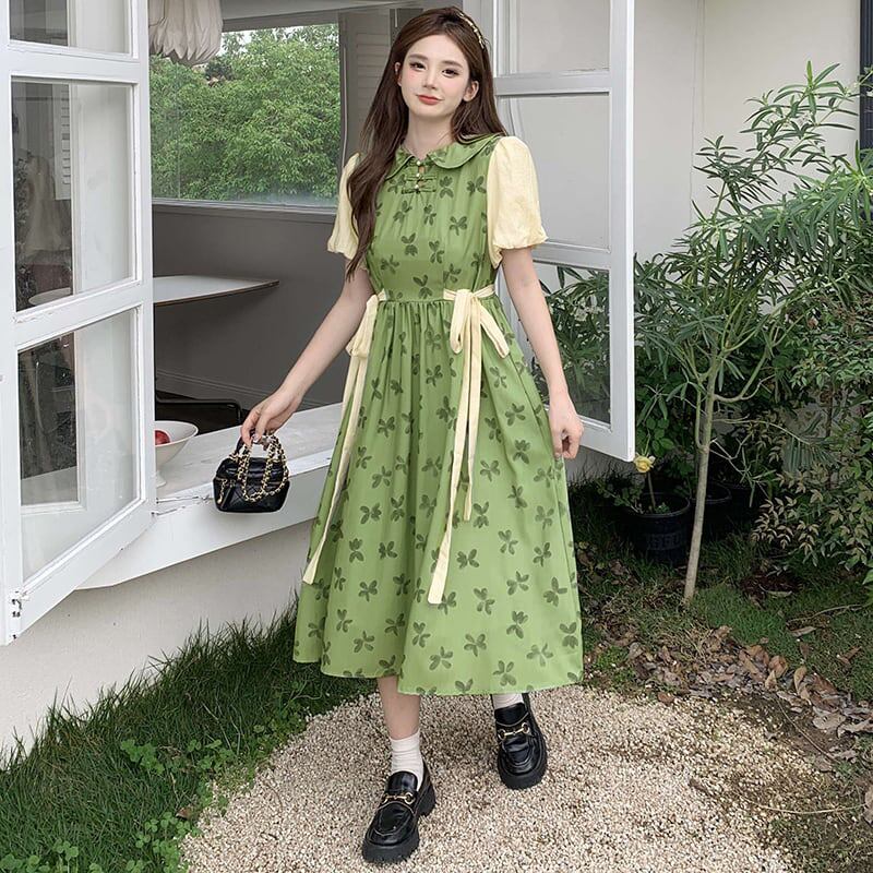 [Dong Xiaojie Series]★China style dress★Floral pattern dress Switchable Cute Large size Green Green