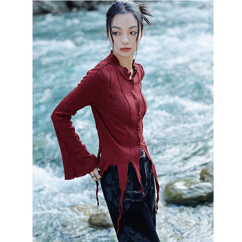 [Big Blue Dragon Series] ★China style tops★ Shirt, irregular, slimming, easy to match, wine red, red