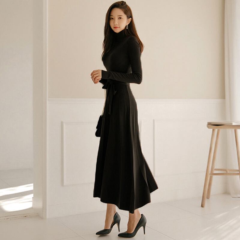 [Fumi Series]★Knit dress★ 2color long length commuting date office OL high neck slim