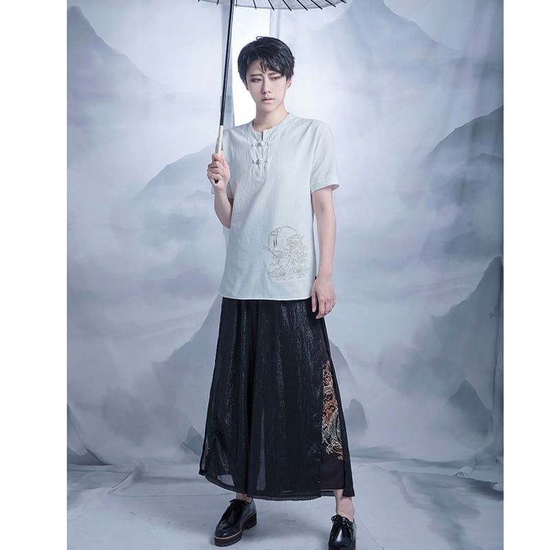 [Kyodo Series] ★China style gaucho pants★ Wide pants, unisex, couple clothes, men's, embroidery, dragon, elastic waist