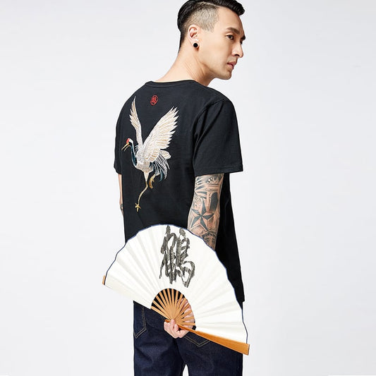 [JPYZ Series]★China style T-shirt★ 2color tops unisex men's crane embroidery black white cotton