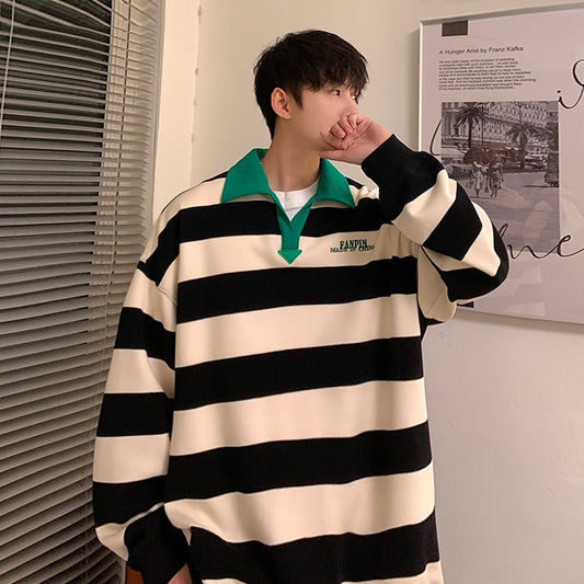 [BIGEMAN Series] ★Tops★ 2color Unisex Men's POLO neck Horizontal stripes Black Green Large size