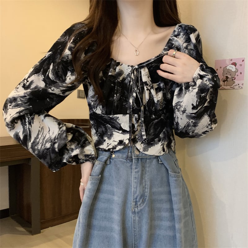 [SANMUZI Series] ★Tops★ 3 Colors Floral Tops Blouse Mini Length Cute Spring Clothes Unique Black Gray Blue