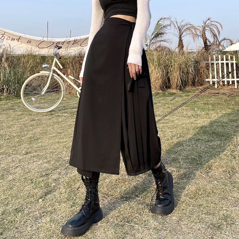 [Modern People Series]★Culotte Skirt★ Fake Layered Harajuku Style Plain Black Black SM Fashion