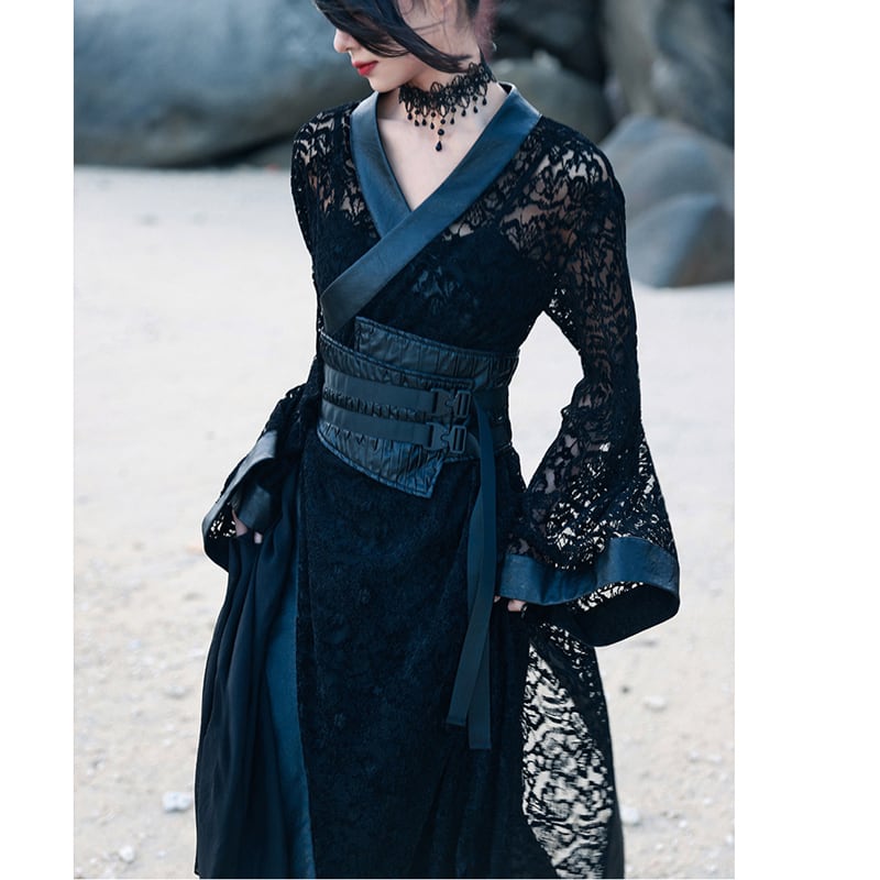 [Big Blue Dragon Series] ★Chinese style dress★ Lace openwork sexy switching black black