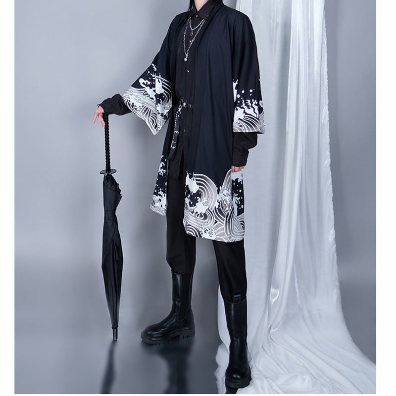 [Kuraho Koya Series]★China style happi coat★2color black or white wave pattern print chiffon improved Hanfu Hanfu coat thin