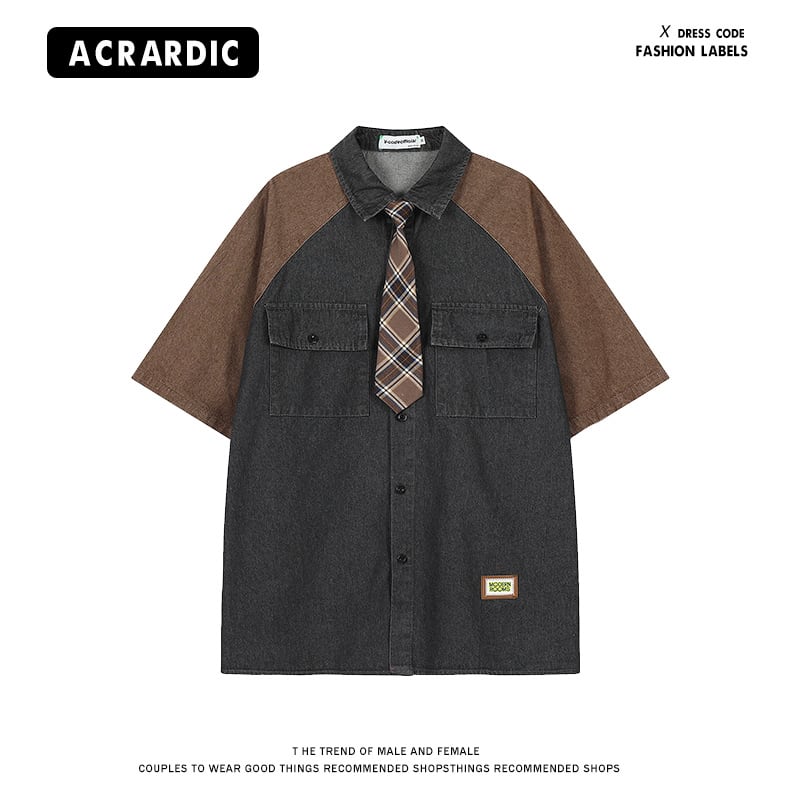 [ACRARDIC Series]★Shirt with tie★ 2color tops short sleeve shirt color scheme unisex men's denim shirt