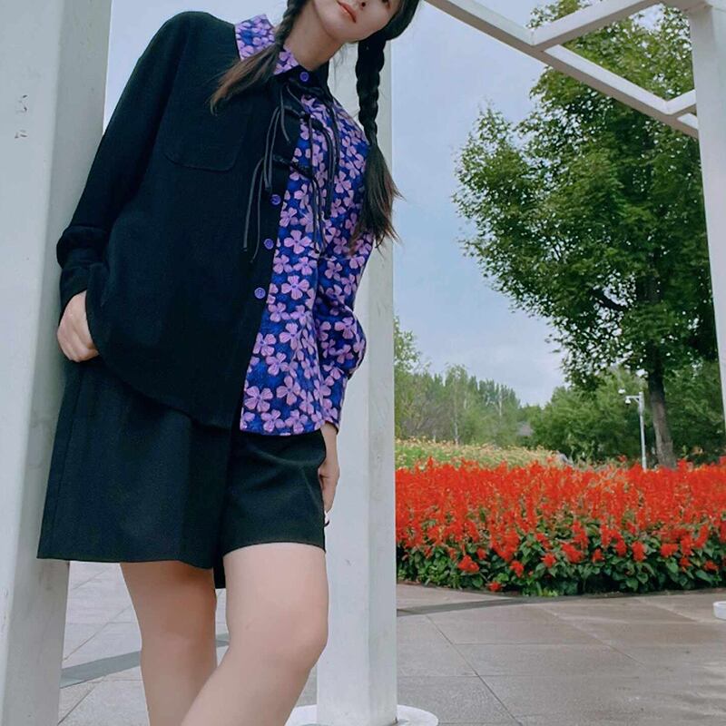 [Li Muyi Series]★China Style Shirt★ Tops Long Sleeve Shirt Switching Floral Pattern Black Black Purple Original