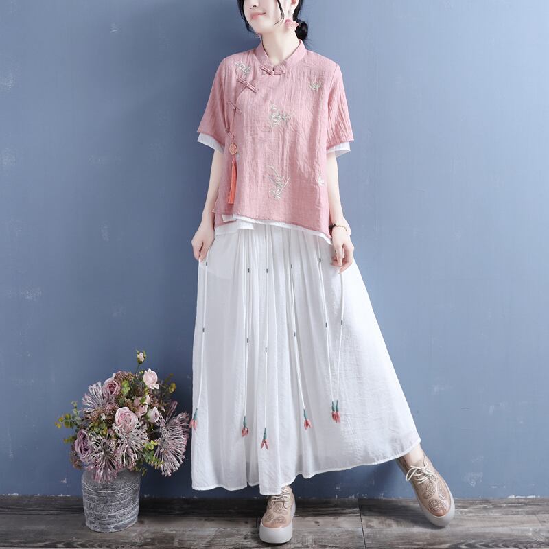 [Qing Series] ★Chinese style tops with decorations★ 4 colors cotton linen embroidery summer simple pink blue green white green