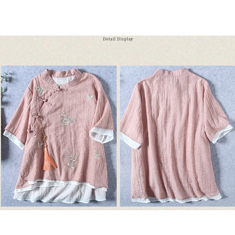 [Qing Series] ★Chinese style tops with decorations★ 4 colors cotton linen embroidery summer simple pink blue green white green