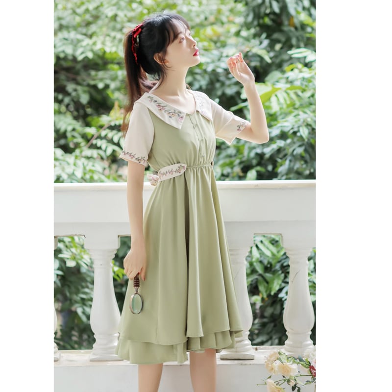 [Poetry Series] ★Chinese-style dress★ 2 colors Dress Embroidery Green Blue SML XL Improve your temperament Cute