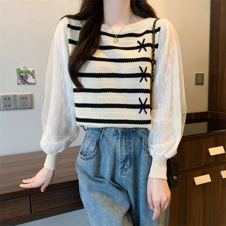 [SHENLANG Series] ★Tops★ 2color Long sleeve Vertical stripes Striped pattern Large size Blue Black Improves temperament