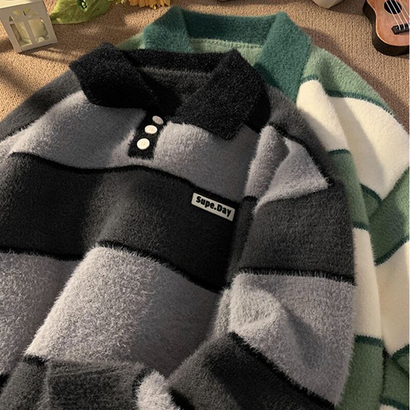 [PPG Series]★Sweater★ 3color Knit Tops Horizontal Striped Pattern POLO Neck Unisex Men's Green Gray Brown