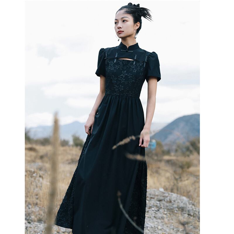 [Daiseiryusu Series] ★Chinese style dress★ Summer Chinese clothing Maxi length Long length Chinese button Black Black