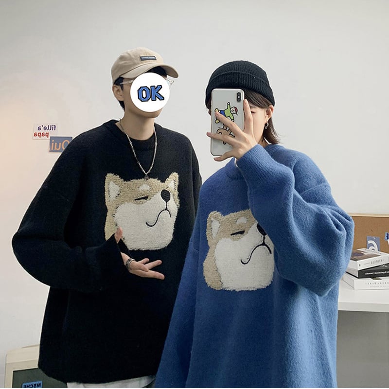 [Emeisa Series] ★Sweater★ 3color Knit Tops Unisex Men's Dog Animal Black Gray Blue