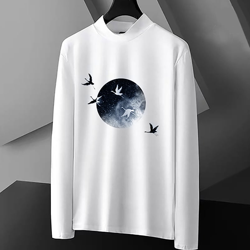 [Kuraho Koya Series]★China style top★T-shirt 2color black or white unisex crane crane moon black white