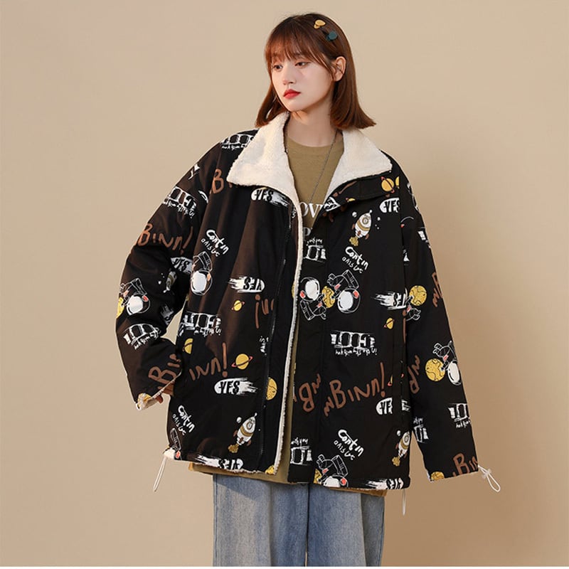 [Aya Series] ★Coat★ 2color outerwear, can be worn on both sides, unisex, men's, cute, black, white, cartoon