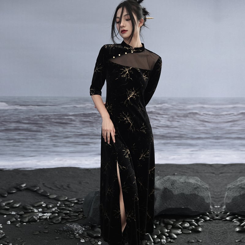 [Daiseiryusu Series] ★China-style dress★ Improved cheongsam dress, velvet, switching slit, black