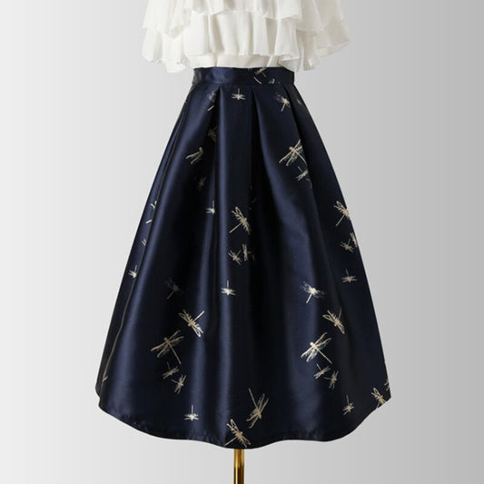 [MOERBEN Series]★Skirt★ Bottoms High Waist Dragonfly Print Large Size Navy Blue