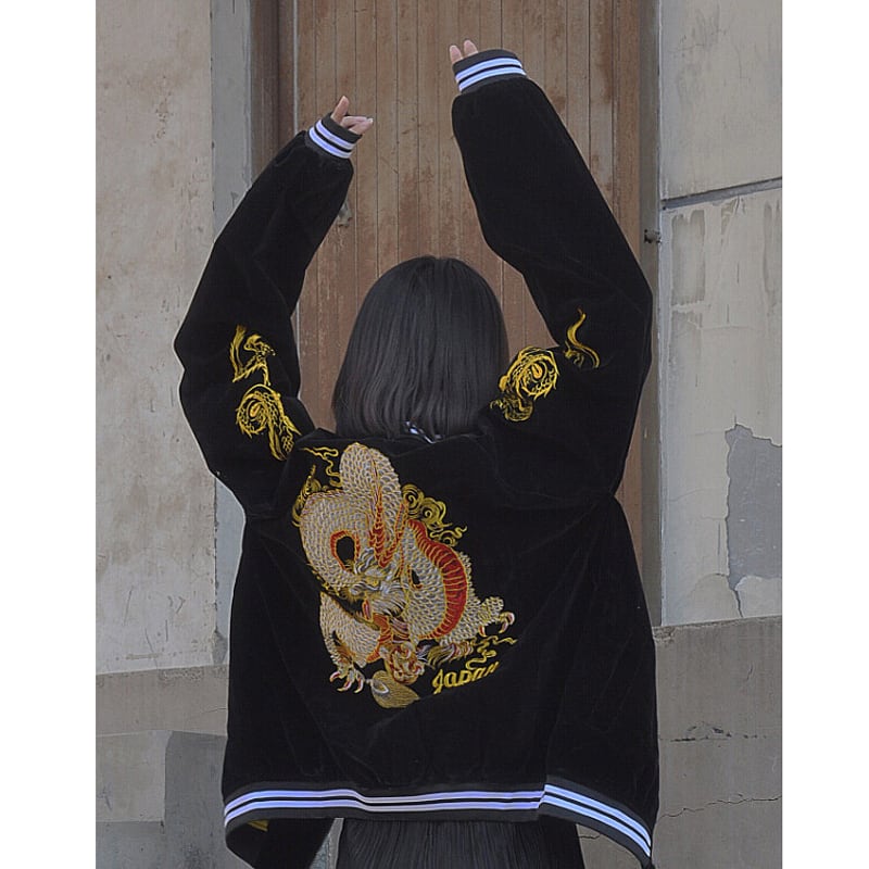 [Forever series]★China style outerwear★2color Black or red Dragon embroidered Dragon Dragon crest Stadium jacket Jacket Sukajan