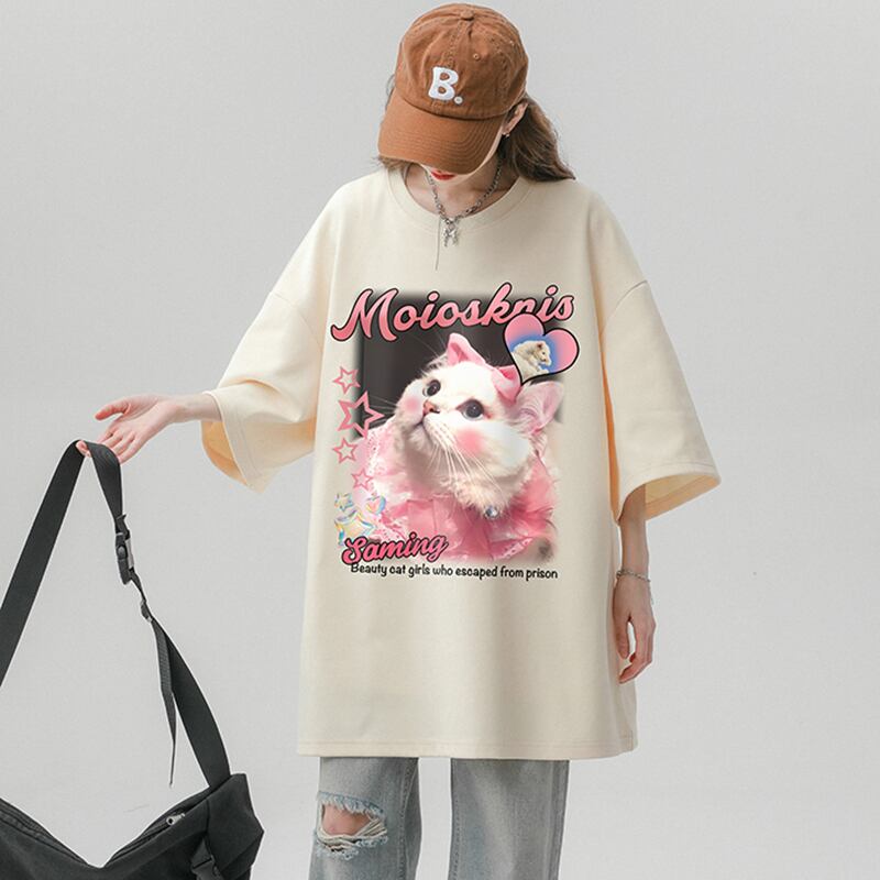 [SENSU Series]★T-shirt★ 3color Tops Unisex Men's Summer Clothes Short Sleeve T-shirt Cat Beige White Black