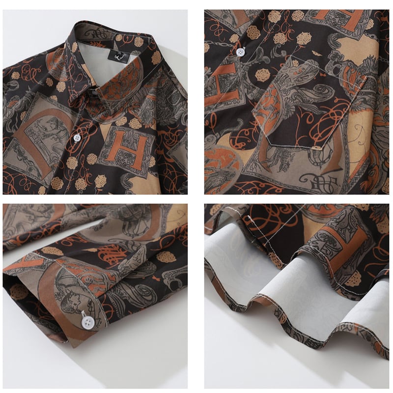 [MOISHE TIDE Series]★Shirt★ Tops Oil Painting Style Shirt Long Sleeve Shirt Unisex Men's Ethnic Style Coffee Color